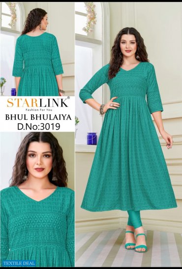 STARLINK BHOOL BHULAIYA RAYON KURTI WITH SHIFFLI WORK FLAIR PATTERN EXPORTS STARLINK BHOOL BHULAIYA RAYON KURTI WITH SHIFFLI WORK FLAIR PATTERN EXPORTS