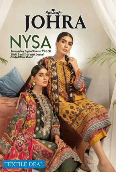 Johra Nysa Embroidery Digital Printed Peach Slub Leather With Digital Printed Wool Shawl Johra Nysa Embroidery Digital Printed Peach Slub Leather With Digital Printed Wool Shawl