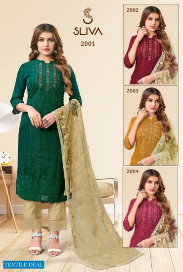 Sliva 2000 Series Wholesale Schiffli Work Kurti With Pant And Dupatta Sliva 2000 Series Wholesale Schiffli Work Kurti With Pant And Dupatta