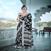SHVETAMBAR BLACK & WHITE LINEN SAREE IN NEW CONCEPT WHOLESALER