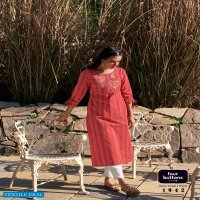 Four Buttons Kaaya Wholesale Pure Cotton Woven Stripes Long Kurtis Catalogs