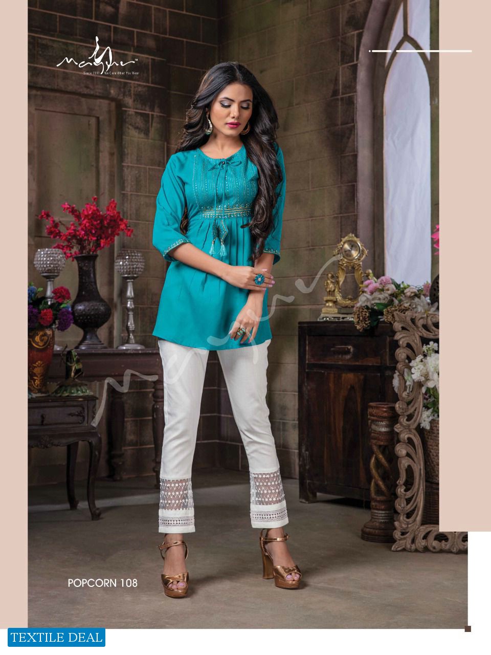 Mayur Popcorn Wholesale Designer Short Tops With Cigarette Pants -  textiledeal.in