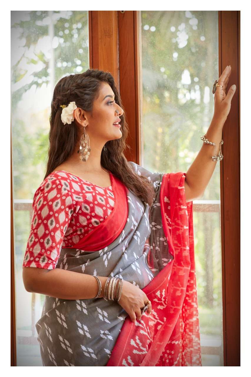 BARKHA VOL 3 BY SR BRAND MUL MUL COTTON HANDLOOM PRINTED SAREE WITH IKKAT  BLOUSE - textiledeal.in